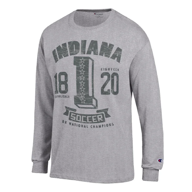 Distressed Women T Shirt with a Laid - Back AestheticIndiana Hoosiers Soccer Grey Long Sleeve T-Shirt Distressed Women T Shirt with a Laid - Back AestheticIndiana Hoosiers Soccer Grey Long Sleeve T-Shirt