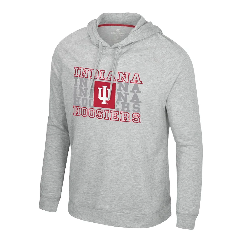 Distressed Women T Shirt with a Laid - Back AestheticIndiana Hoosiers Compensation Hooded Long Sleeve Grey T-Shirt Distressed Women T Shirt with a Laid - Back AestheticIndiana Hoosiers Compensation Hooded Long Sleeve Grey T-Shirt