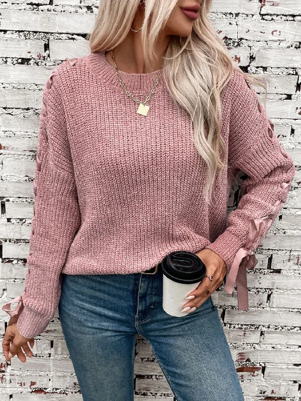 Short Sleeve Women's Cotton Blend Sweaters in Pastel ColorsLace Up Round Neck Long Sleeve Sweater Short Sleeve Women's Cotton Blend Sweaters in Pastel ColorsLace Up Round Neck Long Sleeve Sweater