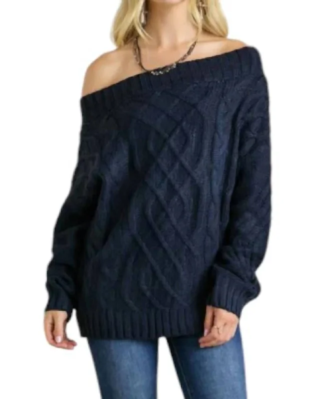 Women's Off - Shoulder Chunky Knit Sweater Dresses in Earth TonesLizzie Cable Knit Bardot Sweater In Navy Women's Off - Shoulder Chunky Knit Sweater Dresses in Earth TonesLizzie Cable Knit Bardot Sweater In Navy