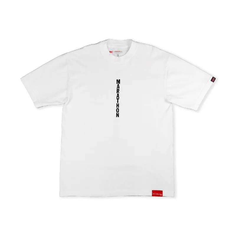 Distressed Women T Shirt with a Laid - Back AestheticMarathon Vertical T-Shirt - White Distressed Women T Shirt with a Laid - Back AestheticMarathon Vertical T-Shirt - White