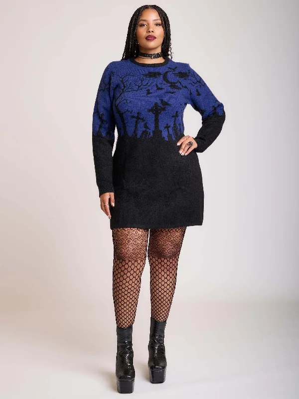V - Neck Women's Ribbed Sweater Dresses with Belt for a Defined WaistMidnight Cemetery Sweater Dress V - Neck Women's Ribbed Sweater Dresses with Belt for a Defined WaistMidnight Cemetery Sweater Dress