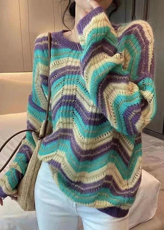 Women's Long Sleeve Turtleneck Cashmere SweatersModern Purple Striped Hollow Out Cotton Knit Sweater Fall Women's Long Sleeve Turtleneck Cashmere SweatersModern Purple Striped Hollow Out Cotton Knit Sweater Fall
