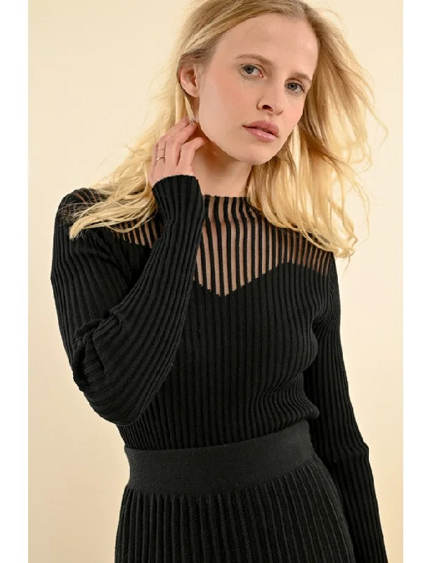 V - Neck Women's Ribbed Wool Sweaters for FallMolly Bracken Black Ribbed Sweater With Fishnet Bust V - Neck Women's Ribbed Wool Sweaters for FallMolly Bracken Black Ribbed Sweater With Fishnet Bust