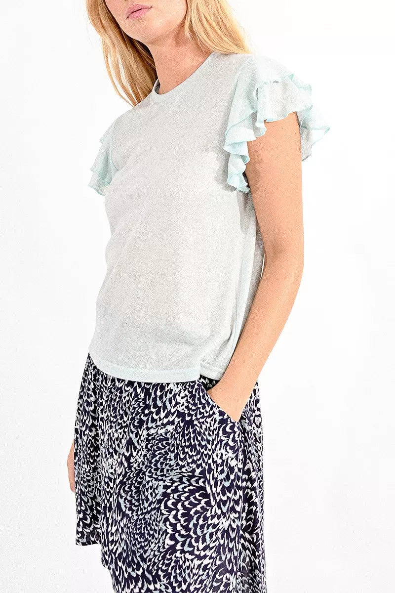 Sleeveless Women's Silk - Trimmed Sweaters for SummerMolly Bracken Pale Green Ruffle Sleeve Top Sleeveless Women's Silk - Trimmed Sweaters for SummerMolly Bracken Pale Green Ruffle Sleeve Top