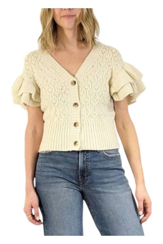 Wrap - Style Women's Lambswool Sweater Dresses in Elegant ShadesRuffle Sleeve Cardigan In Birch Wrap - Style Women's Lambswool Sweater Dresses in Elegant ShadesRuffle Sleeve Cardigan In Birch