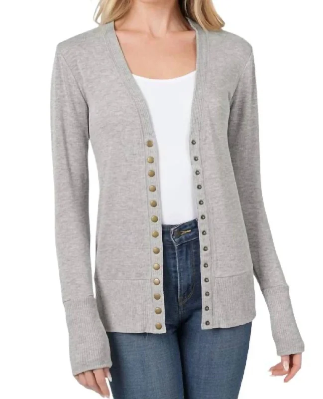 Plus Size Women's Long Sleeve Cable Knit Sweater DressesTorie Ribbed Detail Snap Button Cardigan In Grey Plus Size Women's Long Sleeve Cable Knit Sweater DressesTorie Ribbed Detail Snap Button Cardigan In Grey