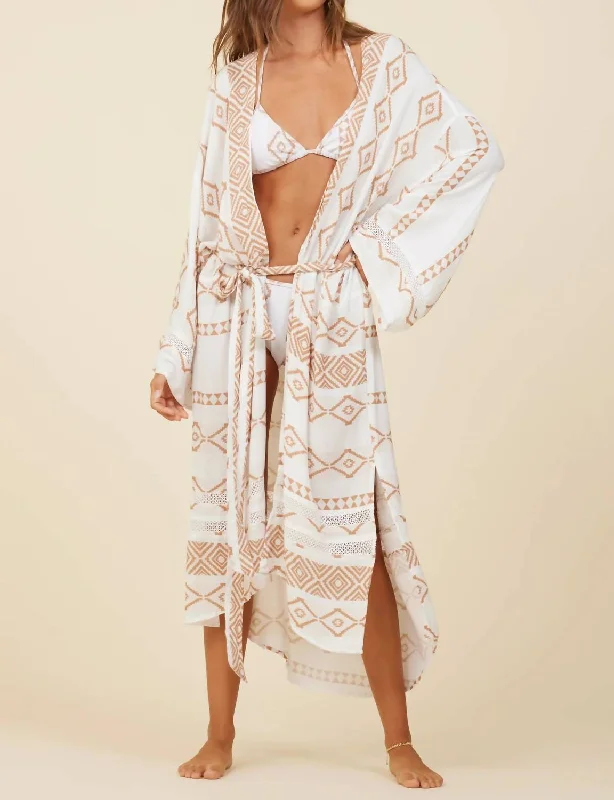Plus Size Women's Open - Front Cardigan Style Sweater DressesTribal Print Rayon Crepe Kimono In Caramel Island Plus Size Women's Open - Front Cardigan Style Sweater DressesTribal Print Rayon Crepe Kimono In Caramel Island