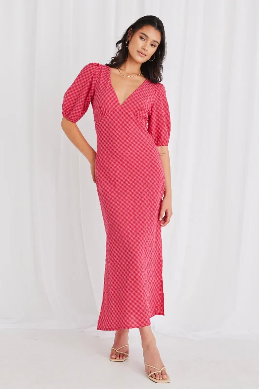 Off - the - Shoulder Women Dress for a Romantic and Feminine LookAmora Raspberry Gingham SS Bias Midi Dress Off - the - Shoulder Women Dress for a Romantic and Feminine LookAmora Raspberry Gingham SS Bias Midi Dress