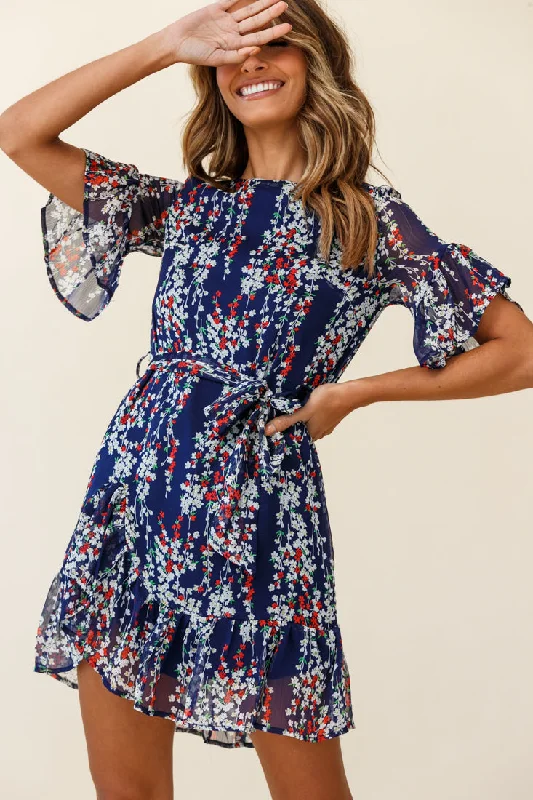 Pleated Women Dress with a Timeless and Elegant TextureAzealia Ruffle Hem Dress Floral Print Navy Pleated Women Dress with a Timeless and Elegant TextureAzealia Ruffle Hem Dress Floral Print Navy