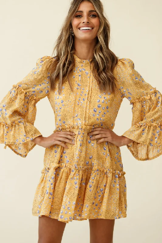 Off - the - Shoulder Women Dress for a Romantic and Feminine LookBeatrix High Neck Bell Sleeve Dress Droplet Print Yellow Off - the - Shoulder Women Dress for a Romantic and Feminine LookBeatrix High Neck Bell Sleeve Dress Droplet Print Yellow