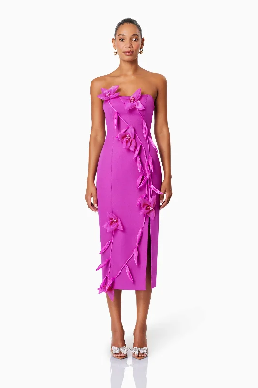 Pleated Women Dress with a Timeless and Elegant TextureBethany Strapless Floral Midi Dress In Purple - Pre Order Pleated Women Dress with a Timeless and Elegant TextureBethany Strapless Floral Midi Dress In Purple - Pre Order