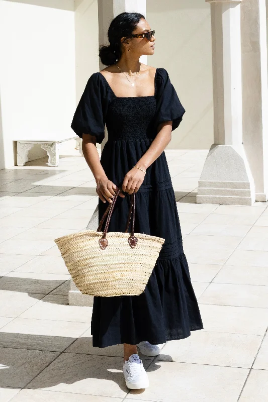 Long - Sleeve Women Dress in Velvet for a Luxurious Winter LookCaptivate Black Cotton Puff Sleeve Tiered Midi Dress Long - Sleeve Women Dress in Velvet for a Luxurious Winter LookCaptivate Black Cotton Puff Sleeve Tiered Midi Dress