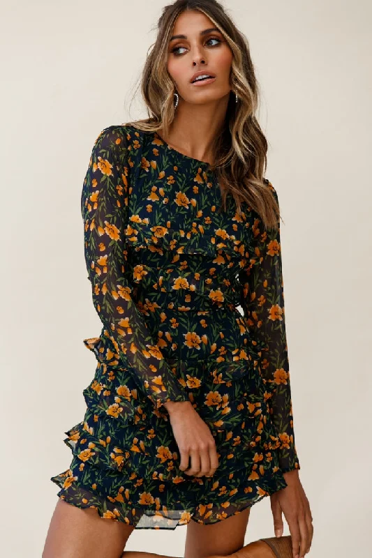Pleated Women Dress with a Timeless and Elegant TextureCharmaine Long Sleeve Tiered Frill Dress Floral Print Navy Pleated Women Dress with a Timeless and Elegant TextureCharmaine Long Sleeve Tiered Frill Dress Floral Print Navy