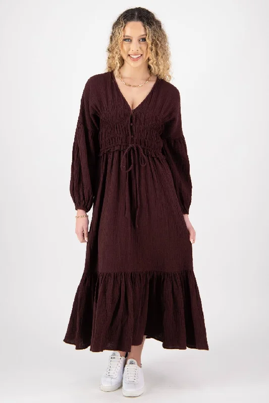 Long - Sleeve Women Dress in Velvet for a Luxurious Winter LookChelsea Raisin Cotton Blouson LS Midi Dress Long - Sleeve Women Dress in Velvet for a Luxurious Winter LookChelsea Raisin Cotton Blouson LS Midi Dress