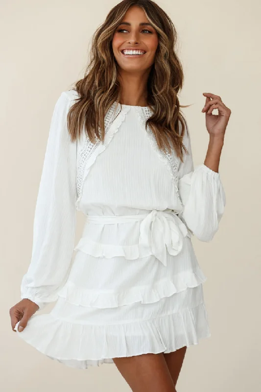 Plus Size Women Dress with a Flattering A - Line Cut for Comfort and StyleDusk Long Sleeve Waist Tie Frill Dress White Plus Size Women Dress with a Flattering A - Line Cut for Comfort and StyleDusk Long Sleeve Waist Tie Frill Dress White