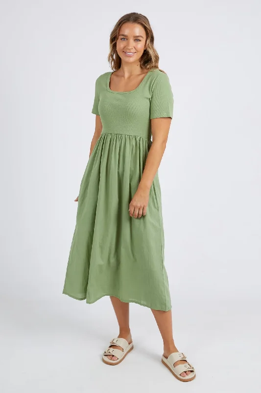 Empire Waist Women Dress to Accentuate the Bust and Conceal the WaistElla Moss Green SS Midi Dress Empire Waist Women Dress to Accentuate the Bust and Conceal the WaistElla Moss Green SS Midi Dress