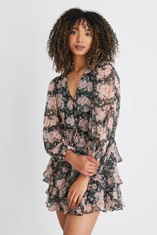 Maxi Women Dress with Floral Print for a Bohemian VibeEvita Black Vintage Floral Ls V Neck Tiered Mini Dress Maxi Women Dress with Floral Print for a Bohemian VibeEvita Black Vintage Floral Ls V Neck Tiered Mini Dress