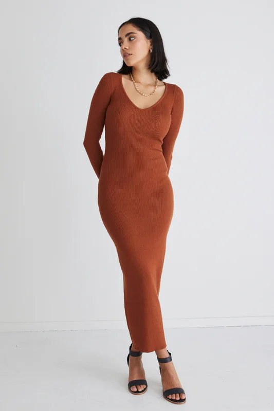 Plus Size Women Dress with a Flattering A - Line Cut for Comfort and StyleForm Copper Fitted Rib Knit Dress Plus Size Women Dress with a Flattering A - Line Cut for Comfort and StyleForm Copper Fitted Rib Knit Dress