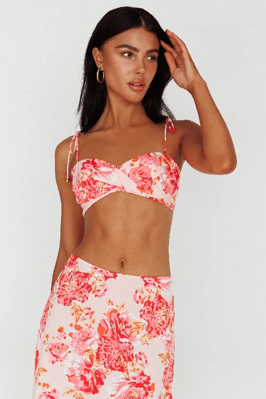 Plus Size Women Dress with a Flattering A - Line Cut for Comfort and StyleGabbi Tied Shoulder Crop Top Floral Pink Plus Size Women Dress with a Flattering A - Line Cut for Comfort and StyleGabbi Tied Shoulder Crop Top Floral Pink