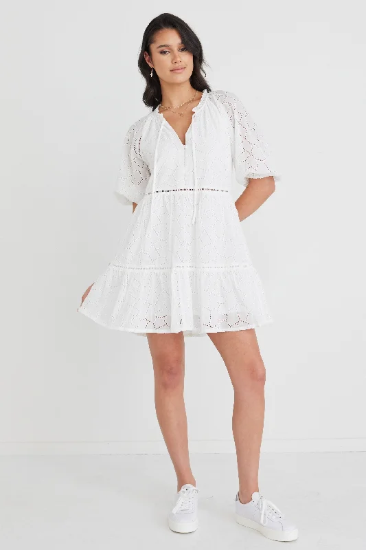 Maxi Women Dress with Floral Print for a Bohemian VibeGemini White Broiderie Balloon Sleeve Tiered Mini Dress Maxi Women Dress with Floral Print for a Bohemian VibeGemini White Broiderie Balloon Sleeve Tiered Mini Dress