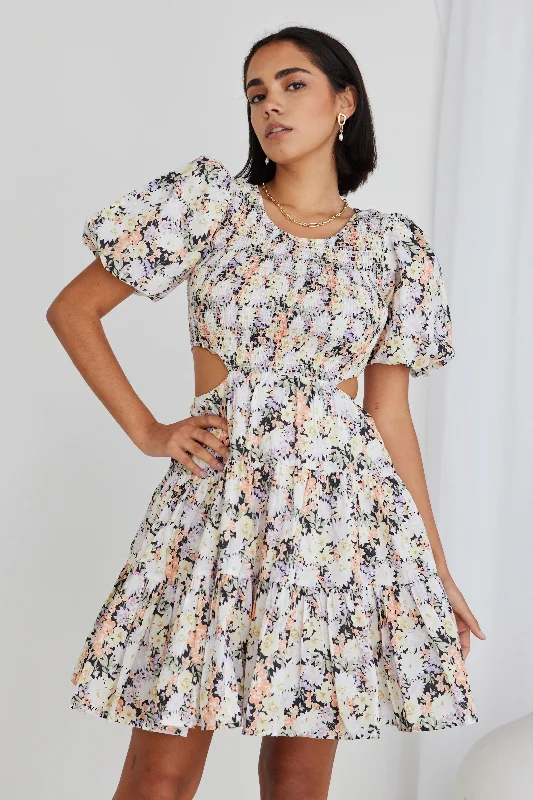 Ball Gown Women Dress with a Full Skirt for a Princess - like LookHailey Black Floral Shirred Cotton Puff Ss Waist Cut Out Tiered Mini Dress Ball Gown Women Dress with a Full Skirt for a Princess - like LookHailey Black Floral Shirred Cotton Puff Ss Waist Cut Out Tiered Mini Dress