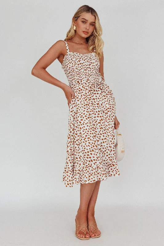 Empire Waist Women Dress to Accentuate the Bust and Conceal the WaistHoney Shirred Frill Midi Dress White/Brown Empire Waist Women Dress to Accentuate the Bust and Conceal the WaistHoney Shirred Frill Midi Dress White/Brown