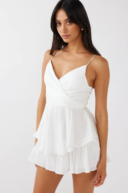 Halter Neck Women Dress to Show Off the Shoulders and NecklineIt's Complicated Crossover Bodice Flounce Romper White Halter Neck Women Dress to Show Off the Shoulders and NecklineIt's Complicated Crossover Bodice Flounce Romper White