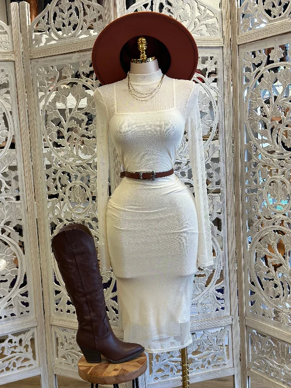 Ruffled Women Dress with Multiple Layers for a Playful and Girly StyleIvory Long Sleeve Mesh Midi Dress - Estira, Stretchy Ruffled Women Dress with Multiple Layers for a Playful and Girly StyleIvory Long Sleeve Mesh Midi Dress - Estira, Stretchy