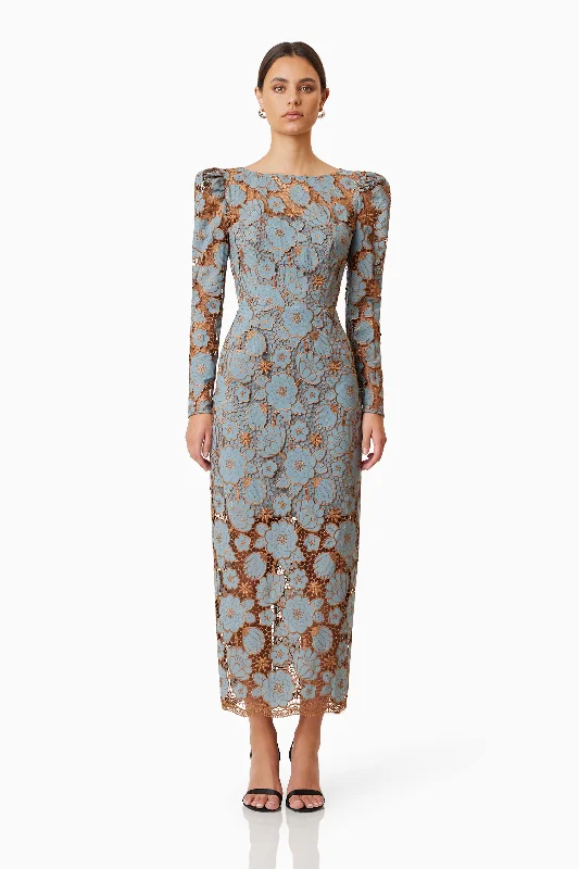 Off - the - Shoulder Women Dress for a Romantic and Feminine LookJasmine Long Sleeve Midi Dress In Blue Off - the - Shoulder Women Dress for a Romantic and Feminine LookJasmine Long Sleeve Midi Dress In Blue
