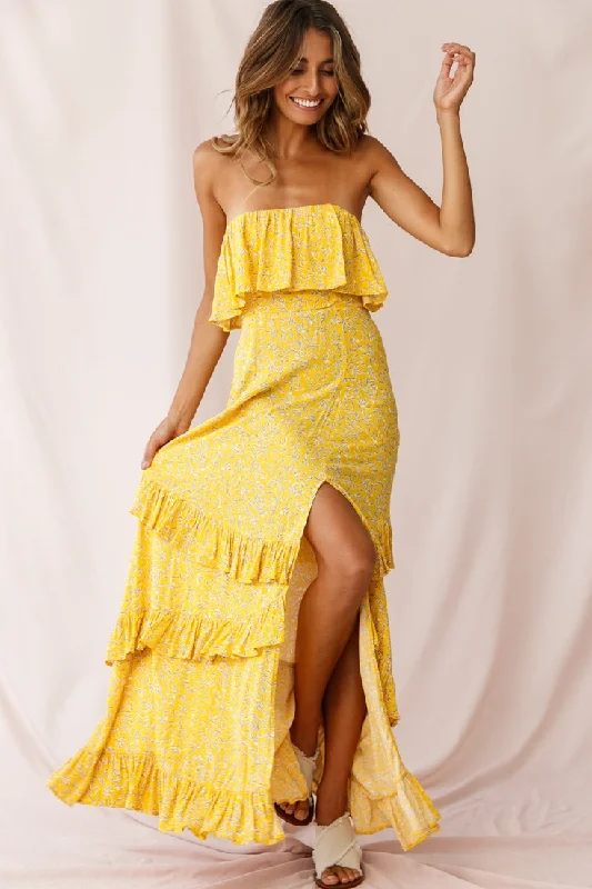 Backless Women Dress for a Sexy and Alluring Look at Evening EventsKiya Layered Bandeau Maxi Dress Leaf Print Mustard Backless Women Dress for a Sexy and Alluring Look at Evening EventsKiya Layered Bandeau Maxi Dress Leaf Print Mustard