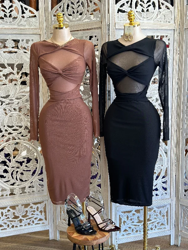 Ruffled Women Dress with Multiple Layers for a Playful and Girly StyleKnotted Long Sleeve Mesh Midi Dress - Estira, Stretchy Ruffled Women Dress with Multiple Layers for a Playful and Girly StyleKnotted Long Sleeve Mesh Midi Dress - Estira, Stretchy
