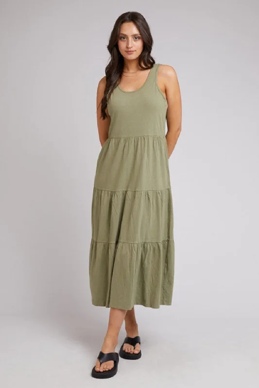Ball Gown Women Dress with a Full Skirt for a Princess - like LookLinen Cotton Khaki Tiered Midi Dress Ball Gown Women Dress with a Full Skirt for a Princess - like LookLinen Cotton Khaki Tiered Midi Dress