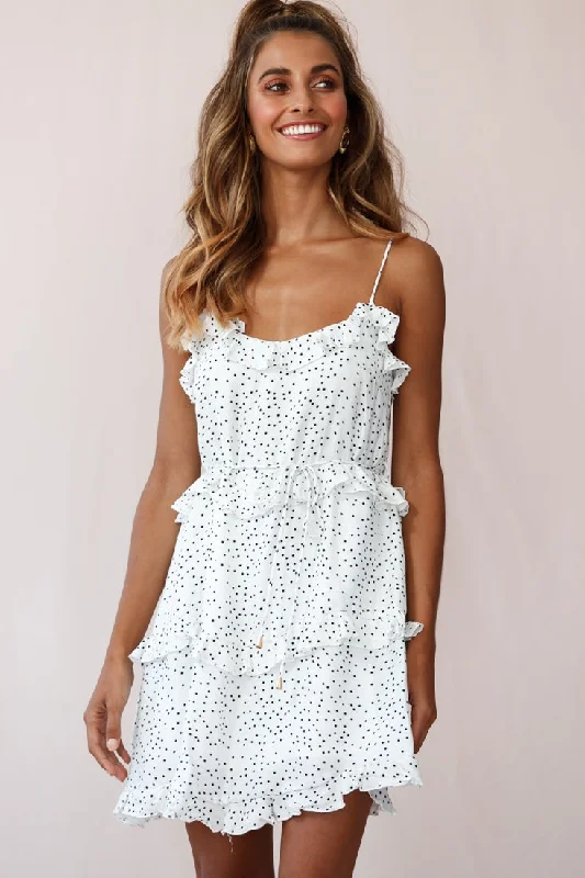 Wrap - Style Women Dress with Adjustable Fit for All Body TypesMaria Frill Trim Polka Dot Dress White Wrap - Style Women Dress with Adjustable Fit for All Body TypesMaria Frill Trim Polka Dot Dress White