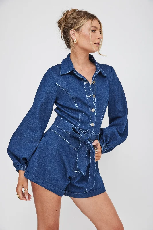 Long - Sleeve Women Dress in Velvet for a Luxurious Winter LookNew Day Long Sleeve Button-Up Romper Indigo Long - Sleeve Women Dress in Velvet for a Luxurious Winter LookNew Day Long Sleeve Button-Up Romper Indigo