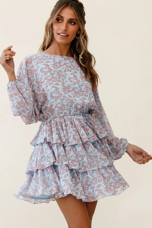 Wrap - Style Women Dress with Adjustable Fit for All Body TypesOdessa Long Sleeve Layered Ruffle Dress Floral Print Blue Wrap - Style Women Dress with Adjustable Fit for All Body TypesOdessa Long Sleeve Layered Ruffle Dress Floral Print Blue