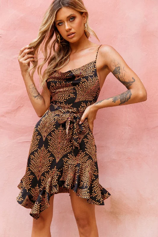 Ruffled Women Dress with Multiple Layers for a Playful and Girly StyleOn The Prowl Cowl Neck Asymmetrical Hem Dress Leaf Print Mustard Ruffled Women Dress with Multiple Layers for a Playful and Girly StyleOn The Prowl Cowl Neck Asymmetrical Hem Dress Leaf Print Mustard