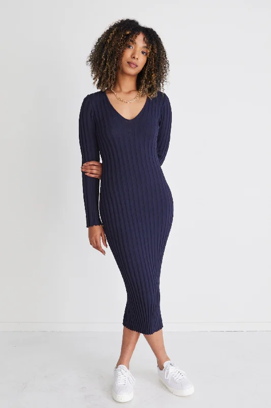 Plus Size Women Dress with a Flattering A - Line Cut for Comfort and StyleParker Indigo Ls V Neck Wide Rib Knit Dress Plus Size Women Dress with a Flattering A - Line Cut for Comfort and StyleParker Indigo Ls V Neck Wide Rib Knit Dress