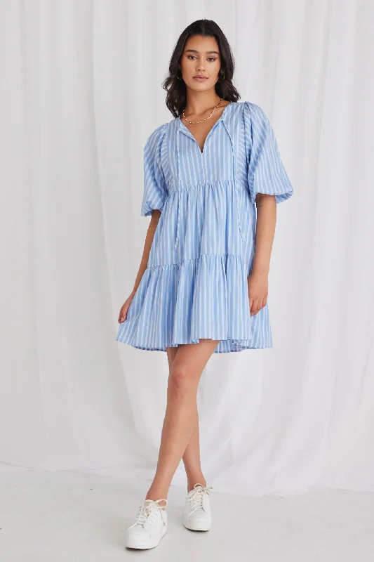 Plus Size Women Dress with a Flattering A - Line Cut for Comfort and StyleProvocation Blue Stripe Frill Hem Half Sleeve Smock Mini Dress Plus Size Women Dress with a Flattering A - Line Cut for Comfort and StyleProvocation Blue Stripe Frill Hem Half Sleeve Smock Mini Dress