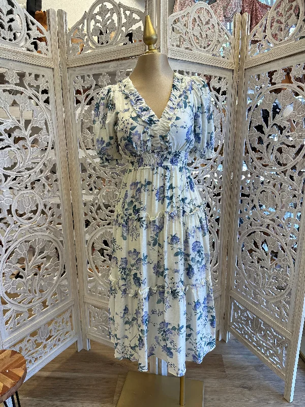 Plus Size Women Dress with a Flattering A - Line Cut for Comfort and StyleBlue Puff Sleeve Ruffle Floral Maxi Dress Plus Size Women Dress with a Flattering A - Line Cut for Comfort and StyleBlue Puff Sleeve Ruffle Floral Maxi Dress