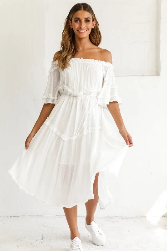 Ball Gown Women Dress with a Full Skirt for a Princess - like LookRenoir Off-Shoulder Frill Trim Midi Dress White Ball Gown Women Dress with a Full Skirt for a Princess - like LookRenoir Off-Shoulder Frill Trim Midi Dress White