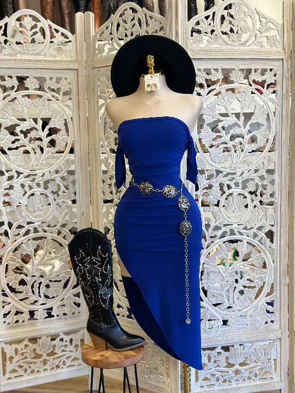 Plus Size Women Dress with a Flattering A - Line Cut for Comfort and StyleRoyal Blue Off Shoulder Midi Slit Dress - Estira, Stretchy Plus Size Women Dress with a Flattering A - Line Cut for Comfort and StyleRoyal Blue Off Shoulder Midi Slit Dress - Estira, Stretchy