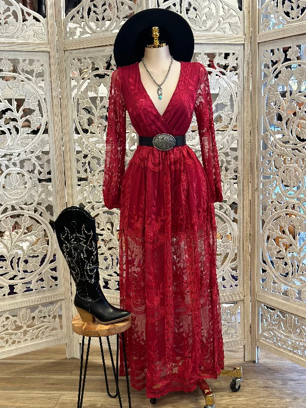 Plus Size Women Dress with a Flattering A - Line Cut for Comfort and StyleSheer Embroidered Burgundy Maxi Dress - Estira, Stretchy Plus Size Women Dress with a Flattering A - Line Cut for Comfort and StyleSheer Embroidered Burgundy Maxi Dress - Estira, Stretchy