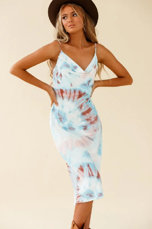 Pleated Women Dress with a Timeless and Elegant TextureShow Me Love Cowl Neck Midi Dress Tie-Dye Blue Multi Pleated Women Dress with a Timeless and Elegant TextureShow Me Love Cowl Neck Midi Dress Tie-Dye Blue Multi