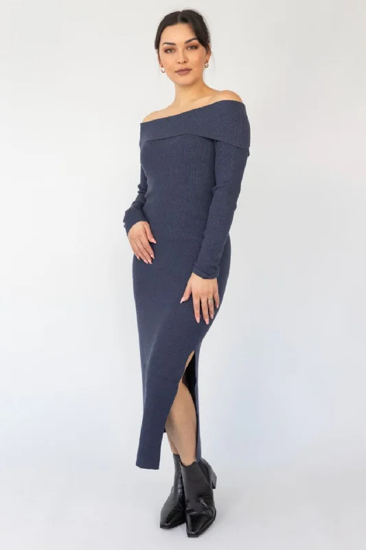 Off - the - Shoulder Women Dress for a Romantic and Feminine LookSophie Navy Marle Off Shoulder Rib Knit Midi Dress Off - the - Shoulder Women Dress for a Romantic and Feminine LookSophie Navy Marle Off Shoulder Rib Knit Midi Dress