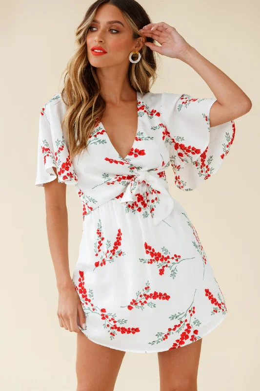 Halter Neck Women Dress to Show Off the Shoulders and NecklineStealing Hearts Flutter Sleeve Wrap Front Dress Floral Print White Halter Neck Women Dress to Show Off the Shoulders and NecklineStealing Hearts Flutter Sleeve Wrap Front Dress Floral Print White