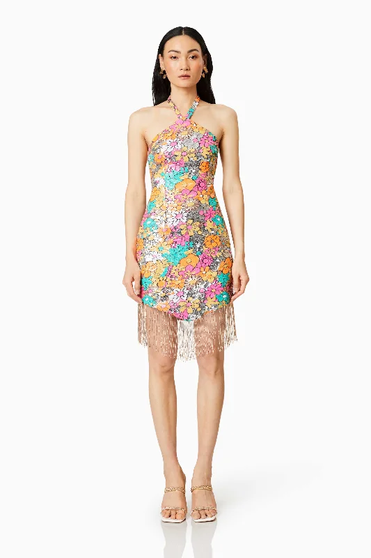 Empire Waist Women Dress to Accentuate the Bust and Conceal the WaistTahiti Floral Sequin Mini Dress In Multi Empire Waist Women Dress to Accentuate the Bust and Conceal the WaistTahiti Floral Sequin Mini Dress In Multi