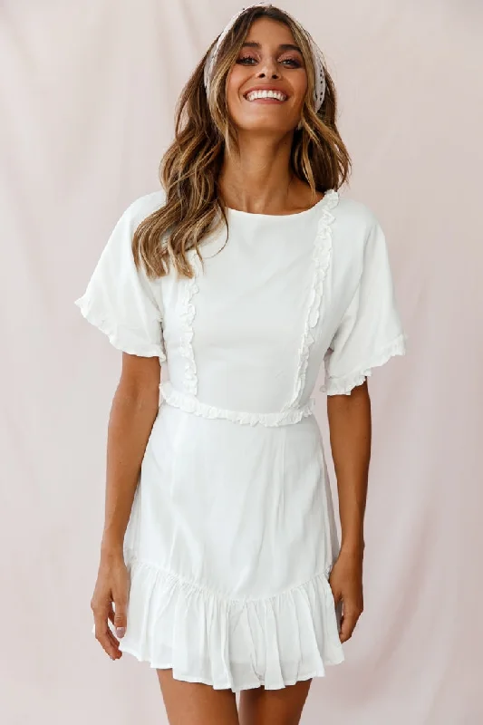 Empire Waist Women Dress to Accentuate the Bust and Conceal the WaistThursday Ruffle Detail Lace-Up Back Dress White Empire Waist Women Dress to Accentuate the Bust and Conceal the WaistThursday Ruffle Detail Lace-Up Back Dress White