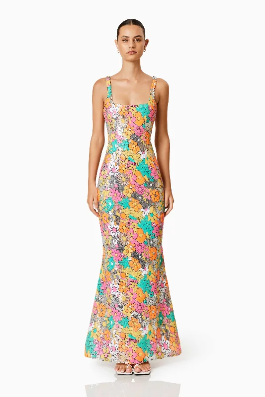 Halter Neck Women Dress to Show Off the Shoulders and NecklineTiki Floral Sequin Fitted Maxi Dress In Multi Halter Neck Women Dress to Show Off the Shoulders and NecklineTiki Floral Sequin Fitted Maxi Dress In Multi