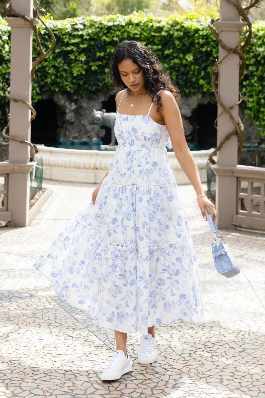 Backless Women Dress for a Sexy and Alluring Look at Evening EventsUniverse Blue Floral Tie Back Tiered Strappy Maxi Dress Backless Women Dress for a Sexy and Alluring Look at Evening EventsUniverse Blue Floral Tie Back Tiered Strappy Maxi Dress